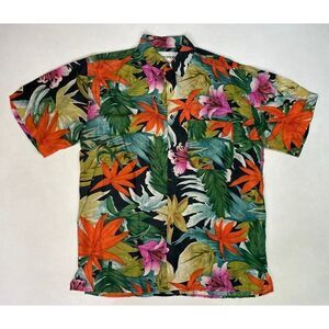 Stock Options Floral All Over Print Silk Shirt Men Large Short Sleeve